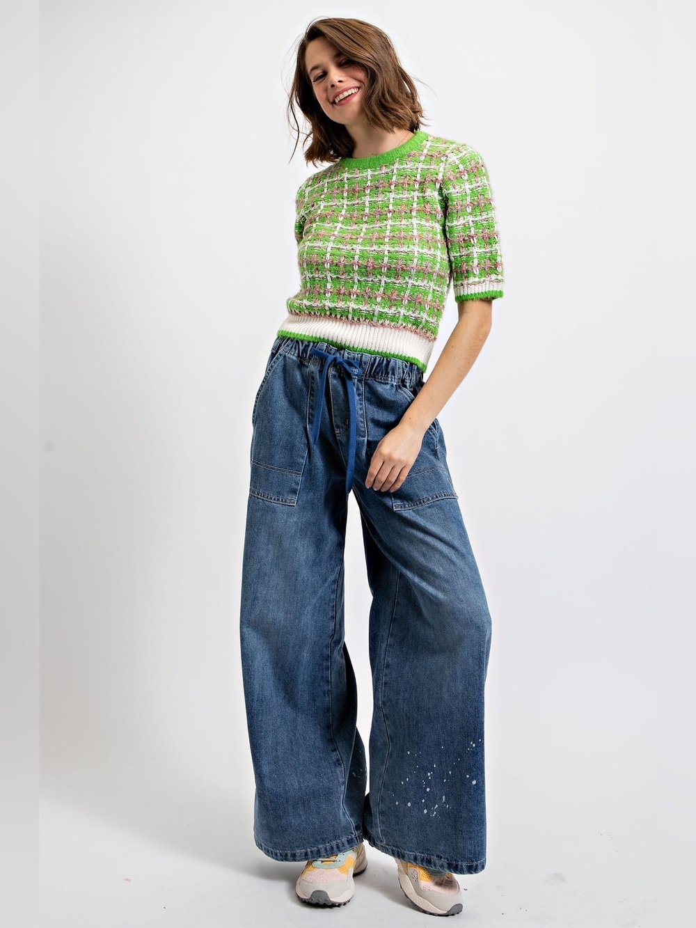 Easel Totally Buggin Tweed Sweater Top Lime Green Plaid 99s Clueless New Medium - Picture 6 of 14